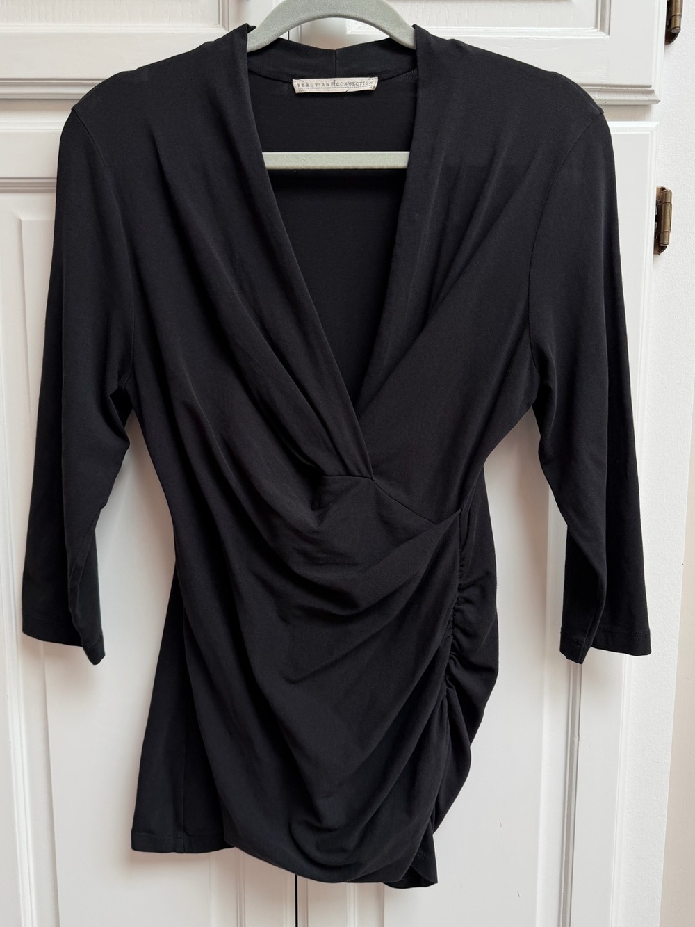 Peruvian Connection Cyprus Ruched Faux Wrap Top Black Pima Cotton Size Medium